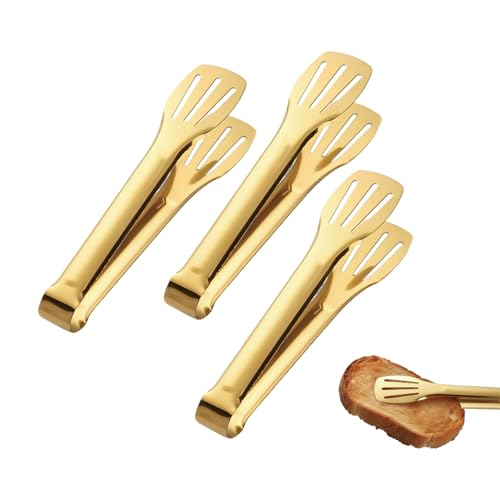 Kitchen Tongs - Homiladi 3PCS Stainless Non-Slip Salad Tongs for Cooking, Salad, Meat, BBQ, Frying, Serving | Steel Salad Servers & Tongs Kitchen (Gold)