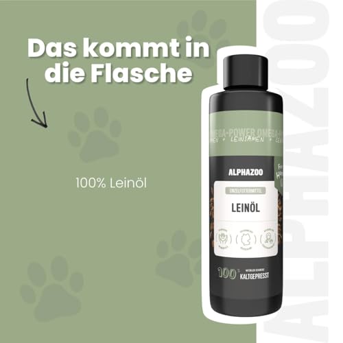 alphazoo Premium Leinöl für Hunde 100 ml – Kaltgepresstes Omega‑3 & Omega‑6 Hundefettöl zur Fellpflege & Verdauungsförderung