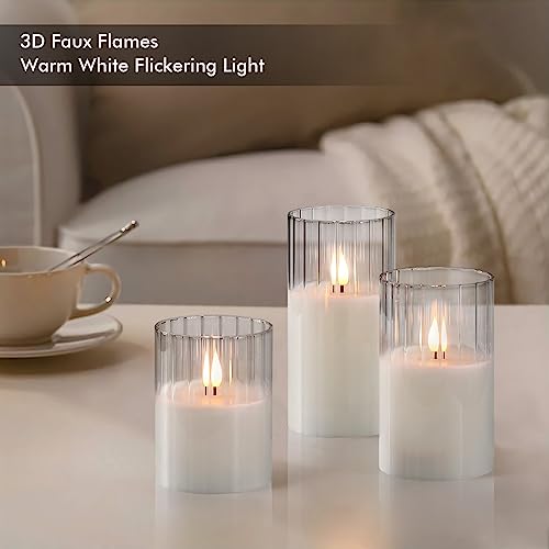 Image of Rhytsing Clear Ribbed Glass Battery Operated LED Candles with Remote, White Flameless Candle Gift Set with Timer for Weddings and Churches, Warm White Light- 6 Batteries Inclued - Set of 3