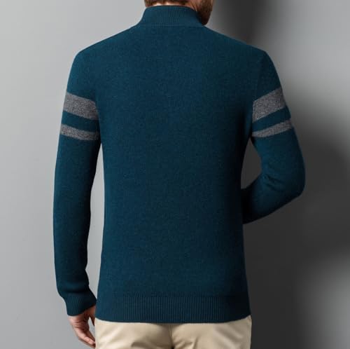 Men's 100% Wool Quarter Zip Stripes Sweaters Casual Long Sleeve Knitted Stand-Up Collar Pullover Polo Sweater3