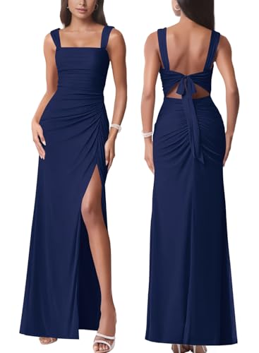 firfig Womens Elegant Mesh Backless Sleeveless Maxi Dress Tie Low Back Formal Cocktail Maxi Dresses Wedding Guest, Navy Blue X-Large