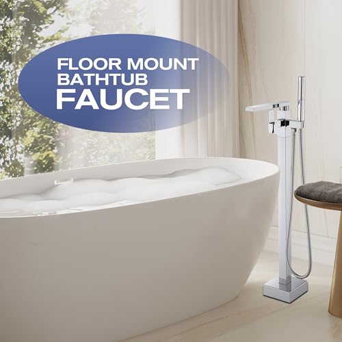 Free Standing Tub Faucet, Floor Mount Bathroom Tub Filler, Grifería de piscina con soporte de piso, monomando, con rociador de mano, acabado cromo miniatura 6