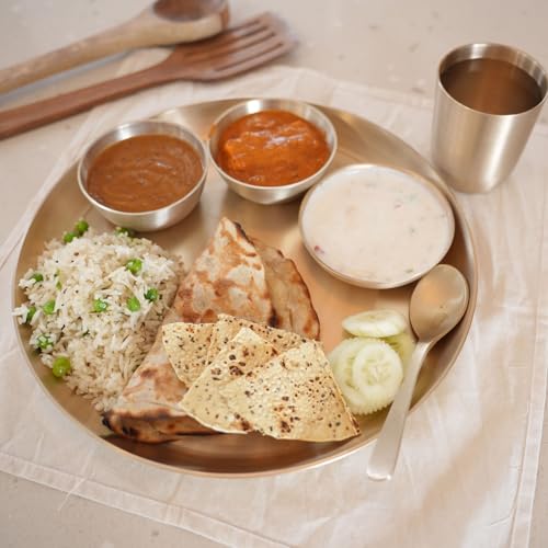 Image of Premium 6-Piece Pure Kansa Solid Dinner Set | Matte Finish | 1 Plate, 1 Spoon,2 Bowls, 1 Glass | Authentic Bronze Thali Set (कांसे का थाली सेट) (12 inch Plate(6 piece Set))
