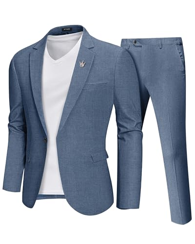 YND Men's 2 Piece Casual Linen Suit Set, Regular Fit Lightweight Blazer Jacket and Pants for Wedding, Business, Party Denim Blue Large