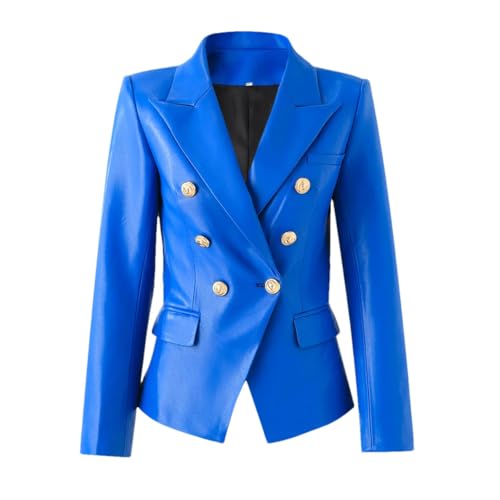 Chaquetas De Motociclista De Cuero De Pu Para Motocicleta De Calle Para Mujer, Chaquetas Delgadas Con Botones Dorados Con Muescas Blue XXL