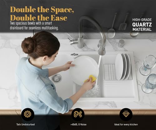 Image of ARQUIN Double Bowl Quartz With Drainboard Kitchen Sink 45x20x9 Inch | Undermount,Topmount | Including Coupling,Sink Connector,Waste Pipe & Fruit Washing Basket