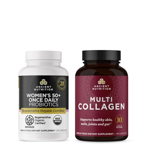 Ancient Nutrition Regenerative Organic Certified Women's 50+ Probiotics Capsules, 30 Count + Multi Collagen Capsules, 90 Count Servings