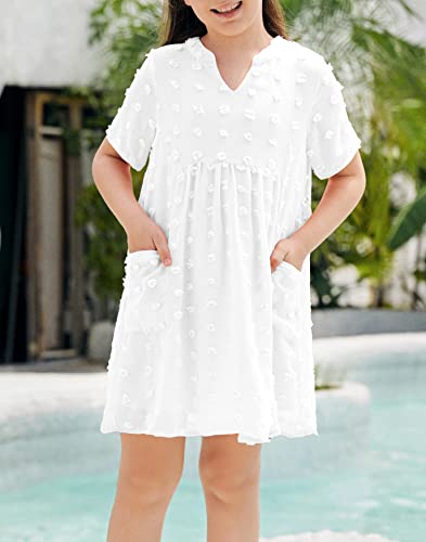 Girls Short Sleeve Chiffon Dress V Neck Swiss Dot Casual Flowy Pleated Loose Ruffle Swing Dress 5-14Y #TOP3