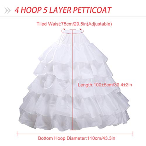 Women's Crinoline Petticoat Underskirt 4 Hoops Skirt 5 Ruffles Layers Ball Gown Half Slips for Wedding Bridal Dress White2