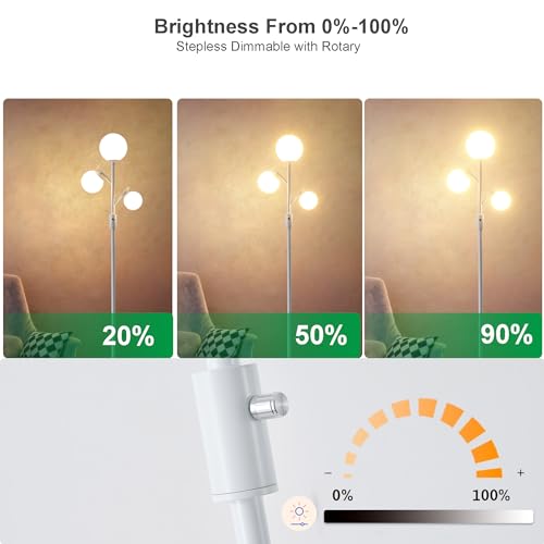 Image of Fiqevs Mid Century Modern 3 Globe Tree Floor Lamp - Dimmable LED Standing Lamp with Bulbs, Warm Light for Living Room Bedroom Office - White