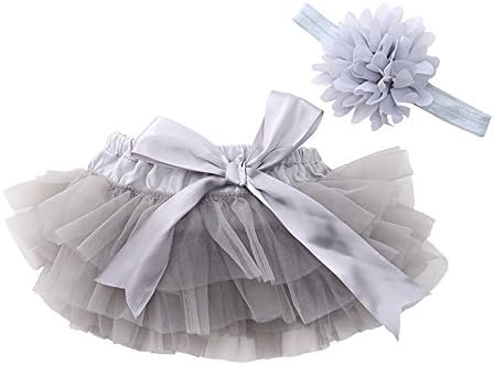 muyan Girls Cotton Tulle Ruffle with Bow Baby Bloomer Diaper Cover and Headband Set (Grey, Newborn-S(0-3Month))
