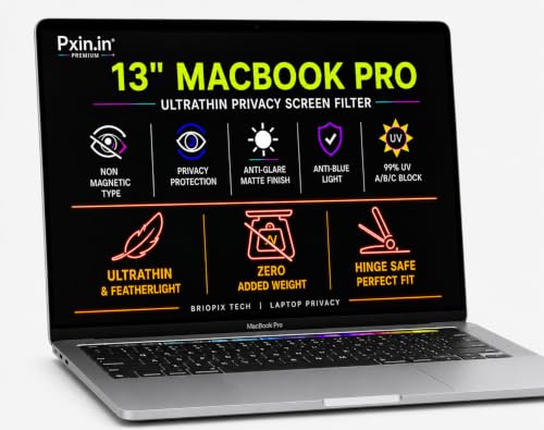 Image of Pxin 13 Inch MacBook Pro UltraThin Privacy Screen Filter | FeatherLight Design | No Magnetic Weight | No Hinge Burden | Anti Glare | Anti Blue | 99% UV A /B /C Block | BRIOPIX Tech | Laptop Privacy