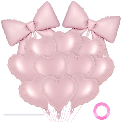 Image of 12 Pcs 18 Inch Heart Balloons and 38 Inch Bow Balloons, Large Foil Bow Heart Balloon Bow Party Decorations for Birthday Baby Shower Valentines Wedding Party