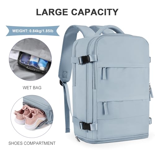 Image of coowoz Large Travel Backpack For Women Men,Carry On Backpack Flight Approved,Hiking Backpack Waterproof Outdoor Rucksack Casual Daypack Fit 15.6 Inch Laptop Shoes Compartment,30L (Gray Blue)