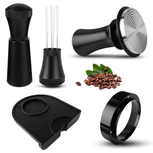 Coffee Accessories Set, with Coffee Tamper 51mm, WDT Tool Espresso, 51mm Dosing Funnel, Tamper Mat, 100% Flat Stainless Steel Base Spring-Loaded Tamper for Espresso Coffee Machine, Black (51mm)