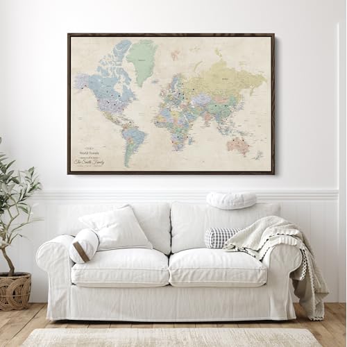 Image of Push Pin Travel Maps Sandy Dreams World Pin Board - Personalized Canvas Travel Map with Pins, Adventure Wall Art Decor for Tracking Trips - Brown Float Mount Frame - 34 inch X 51 inch