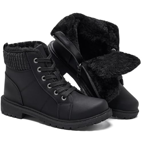 Uoidru Combat Boots For Women Ankle Booties Black Winter Snow Boots White Lace Up Boots Comfort Fuzzy Boot Side Zipper Short Boots