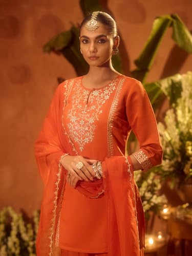 Image of FIORRA Women's Orange Viscose Chanderi Embroidered Ethnic Straight Kurta Set with Dupatta