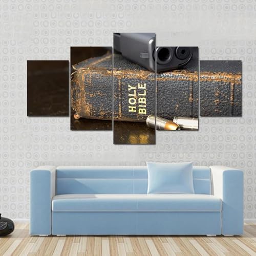 Tableau de décoration murale 5 parties motif pistolet et bible toile géante 200x100 cm salon