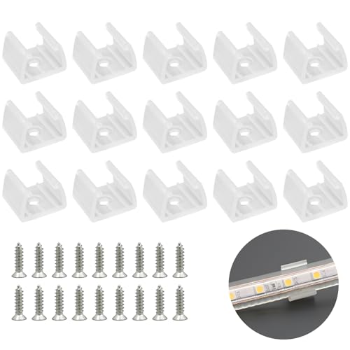 50 Pièces Fixation Ruban LED, LED Néon Montage Clips Support Montage, Inclure Vis pour 12mm à 14mm Silicone LED Néon Bande Lumineuse, Translucide, Blanc