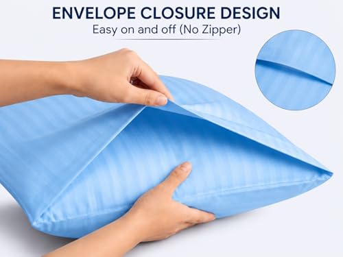 Image of Cotton Solid Striped Pillow Covers | Ultrasoft Breathable Envelope Closure| Pack of 2 Pillow Covers Standard Size (27 x 17 Inches) (Blue)
