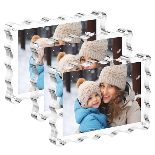 MEMORIO 3 Pack Acrylic Picture Frame: 4x6inch Magnetic Picture Frames Double Sided Magnet Frames 10+10mm Thick Block Clear Photo Scalloped Frames Freestanding for Desktop Display (Clear 4X6)