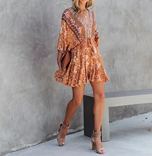 R.Vivimos Womens Summer Floral Dress 3/4 Sleeve Deep V Neck Boho Drawstring Backless Swing Mini Dress4