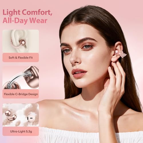 Image of PAXA 3 in 1 Ctbuds Stylish Jewelry-Style Clip on Open Ear Headphones Wireless Earbuds, Instant Earring Mode, Ultra-Long 140H Play, Bluetooth 6.0, All-Day Wear for Work Fitness Daily Use, Rose Gold