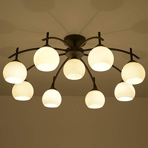 Plafonnier grand salon éclairage 9 lampes E27 verre contre zones d'ombre
