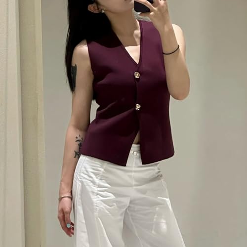 Image of FindThy Women's Cropped Knit Vest V Neck Button Up Solid Color Sleeveless Gilet Tank Tops