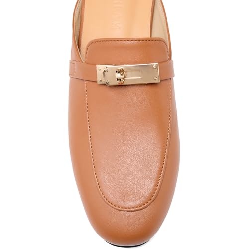 Image of Design Mules for Women, Almond Toe Slip-On Flats, Backless Loafers with Matal Buckle, Comfort Casual & Dressy Shoes