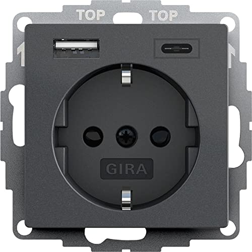Gira 245928 Schuko Steckdose USB-Anschluss Shutter Berührungsschutz 2-fach Typ A (max.2 4A) Typ C (max.3A) System 55 Anthrazit UP Unterputz Schutzkontaktsteckdose Wandsteckdose Smartphone Tablet 32mm