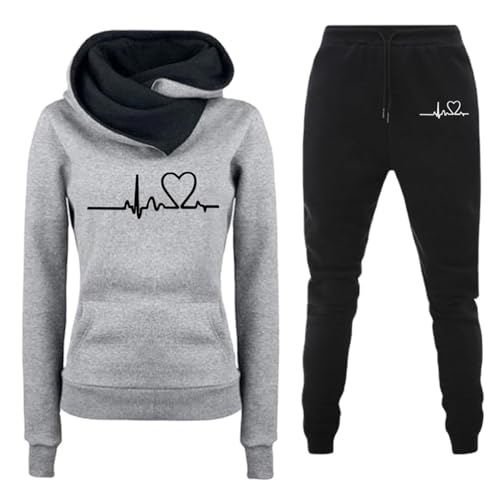 PW TOOLS Damen Trainingsanzug 2-Teilig Casual Sportswear Heartbeat Print Hoodie Jogginganzug Kapuzenpullover Sporthose PW TOOLS Damen Trainingsanzug 2-Teilig Casual Sportswear Heartbeat Print Hoodie Jogginganzug Kapuzenpullover Sporthose