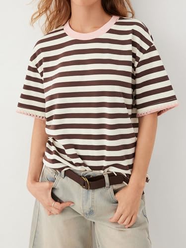Image of CIDER Women Striped Tops Oversized Loose Crew Neck T-Shirts Short Sleeve Casual Summer Tee Shirts