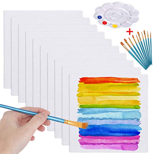 Legendog Paneles de Tablero de Lona, 10 piezas Tableros de Lienzo en Blanco para Pintar, Paneles de Lienzo para Pintura Acrílica con Juego de Pinceles y Paleta de Colores (20 * 20 cm)