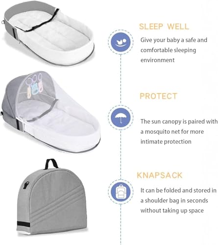 Image of 3-in-1 Portable Baby Bassinet & Diaper Bag, Foldable Travel Bed with Mosquito Net & Sun Awning, Breathable Newborn Lounger for Co-Sleeping, Lightweight Grey Infant Crib for Camping & Outdoor Use