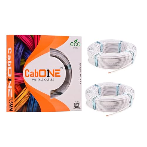 Image of CabONE 1.5 SQ.MM FR PVC Insulated Copper Electrical Wire, 90 Meter (White, Pack of 2) | ISI Marked Fire Retardant Single Core Cable for Home Wiring
