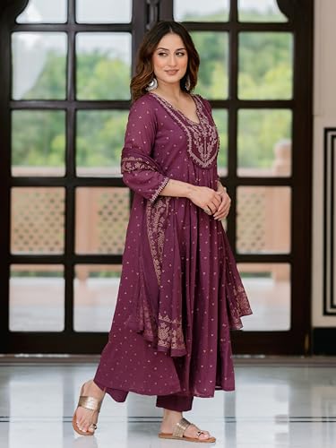 Image of Arayna Women's 100% Pure Cotton Anarkali Kurta Set with Pant & Dupatta | Embroidered Flared Kurta | Elegant Ethnic Suit