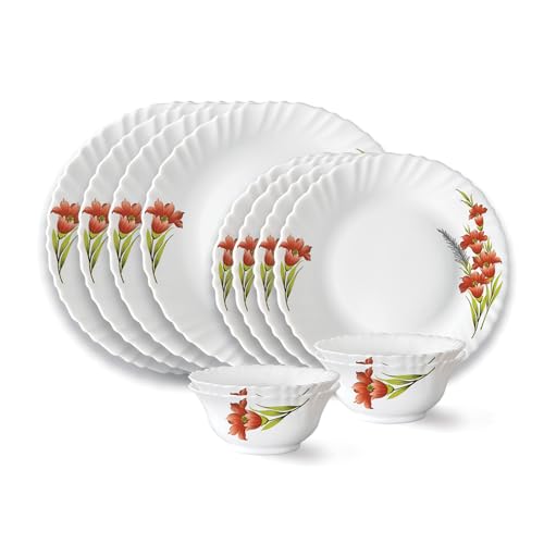 Image of Larah by Borosil Red Iris Fluted Series Opalware Dinner Set | 12 Pieces for Family of 4 | Microwave & Dishwasher Safe | Bone-Ash Free | Crockery Set for Dining & Gifting | Plates & Bowls | White
