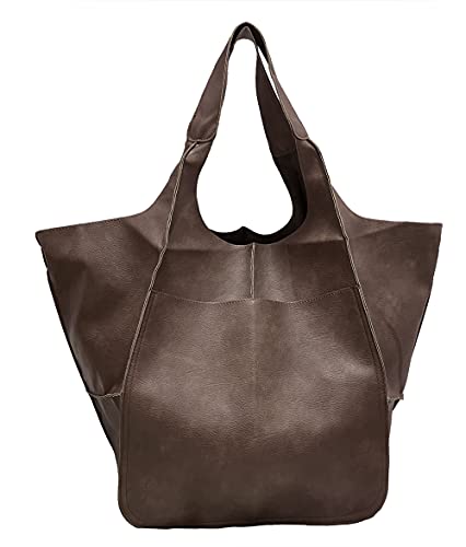 Oversized Soft Leather Shoulder Bag Foldable Hobo Bag Weekend Travel Tote (Coffee) #TOP9