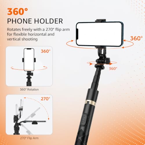 Image of Amazon Basics 61 inch Long Selfie Stick Tripod with Bluetooth Remote, Aluminium, 360 Rotatable Phone Holder, 1 /4 inch Screw for Camera & Ring Light, for Vlogging, Live Streaming & Travel