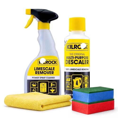 Limescale Remover 500ml & 250ml Descaler Cleaning Bundle Powerful Hard Water Stain Remover for Bathroom & Kitchen | Includes 2 Scrubbing Sponges & 1 Microfibre Cloth for Kettles, Showers, Taps & Tiles