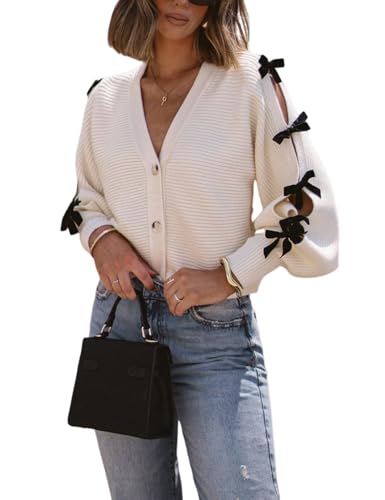 Arssm Women V Neck Long Sleeved Bow-Knotted Knitted Cardigan Button Sweet Darling Bow Embellished Cardigan - Main Image