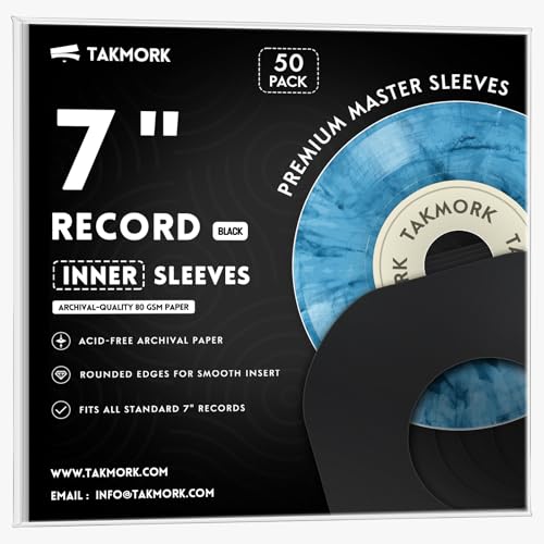 TAKMORK 7-Inch Vinyl Record Inner Paper Sleeves for 45 RPM Singles - Premium 80gsm Paper Replacement Protective Inserts with Rounded Corners & Center Hole Black 50pcs