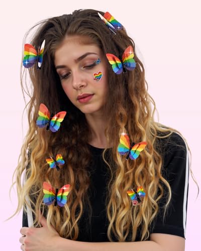 16PCS Pinzas para el cabello mariposa con purpurina arcoíris Pride – 8 grandes y 8 pequeñas con alas plegables para desfile Pride, accesorios de cabello arcoíris para celebración del Día LGBTQ miniatura 5