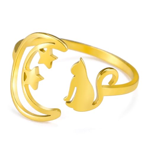 Anillo de Gato Bonito de Acero Inoxidable, Luna Creciente, Estrella, Anillo de Gato, Anillo de Gatos de Luna Llena redimensionable, joyería para Amantes de los Gatos para Mujer