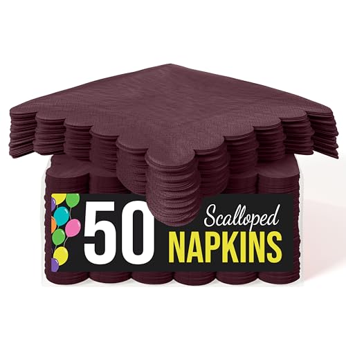 Party Solids Brown Scalloped Napkins Disposable 50 Pcs 2-Ply Brown Scalloped Cocktail Napkins Paper Everyday for Cocktail Parties & Party Supplies