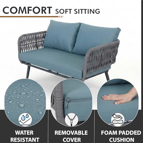 Image of BRISHI Outdoor Sofa Set || Balcony Sofa || Patio Furniture Sets | Conversation Sets | Braid & Rope Garden Seater Sofa Set and Center Table (4 Seater Grey-Blue)