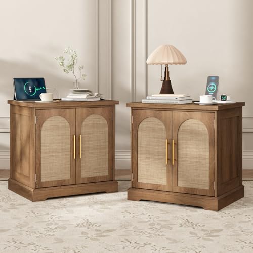 Set of 2 Rattan End Table with Charging Station, 24″ Large Sofa Side Table with 2 Arched Doors, Boho Wood Square Nightstand Bedside Tables with Adjustable Storage Shelf