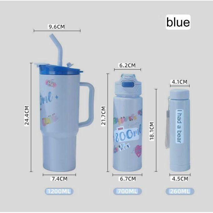 Image of LHOTSE Tumbler Set of 3 with Straw and Handle, Cute Water Bottle for Women and Girls, Water Sipper for Adults, 1200ml 700ml 260ml Bottle Set for School, Office, Travel and Daily Use
